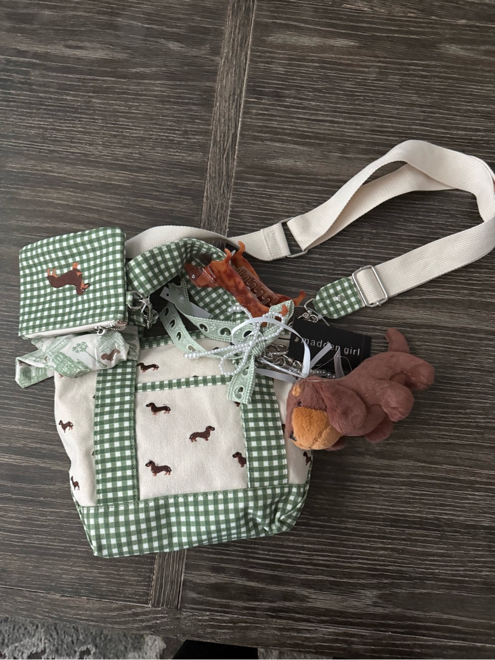 NWT Madden Girl Dachshund Dog Mini Green Gingham Tote Bag Purse